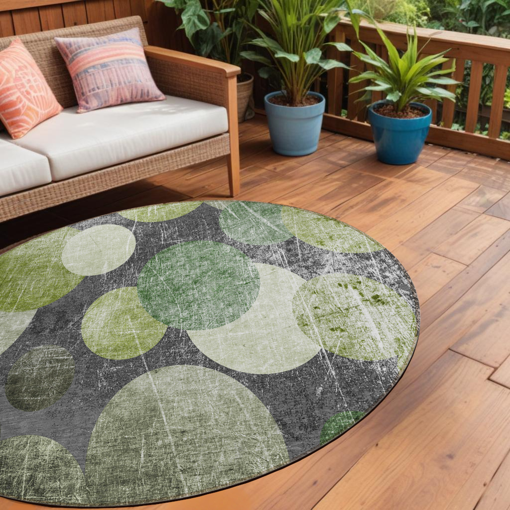 8' X 8' Green and Gray Round Abstract Washable Non Skid Indoor Outdoor Area Rug