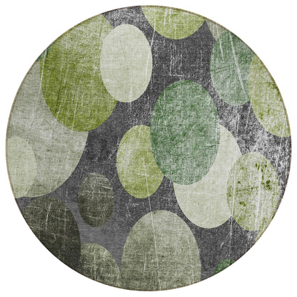 8' X 8' Green and Gray Round Abstract Washable Non Skid Indoor Outdoor Area Rug