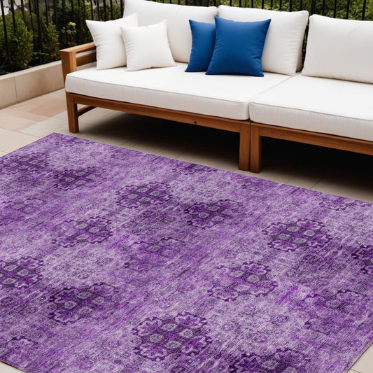 8' X 10' Eggplant Floral Medallion Washable Non Skid Indoor Outdoor Area Rug