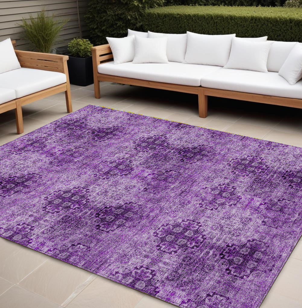 9' X 12' Eggplant Floral Medallion Washable Non Skid Indoor Outdoor Area Rug