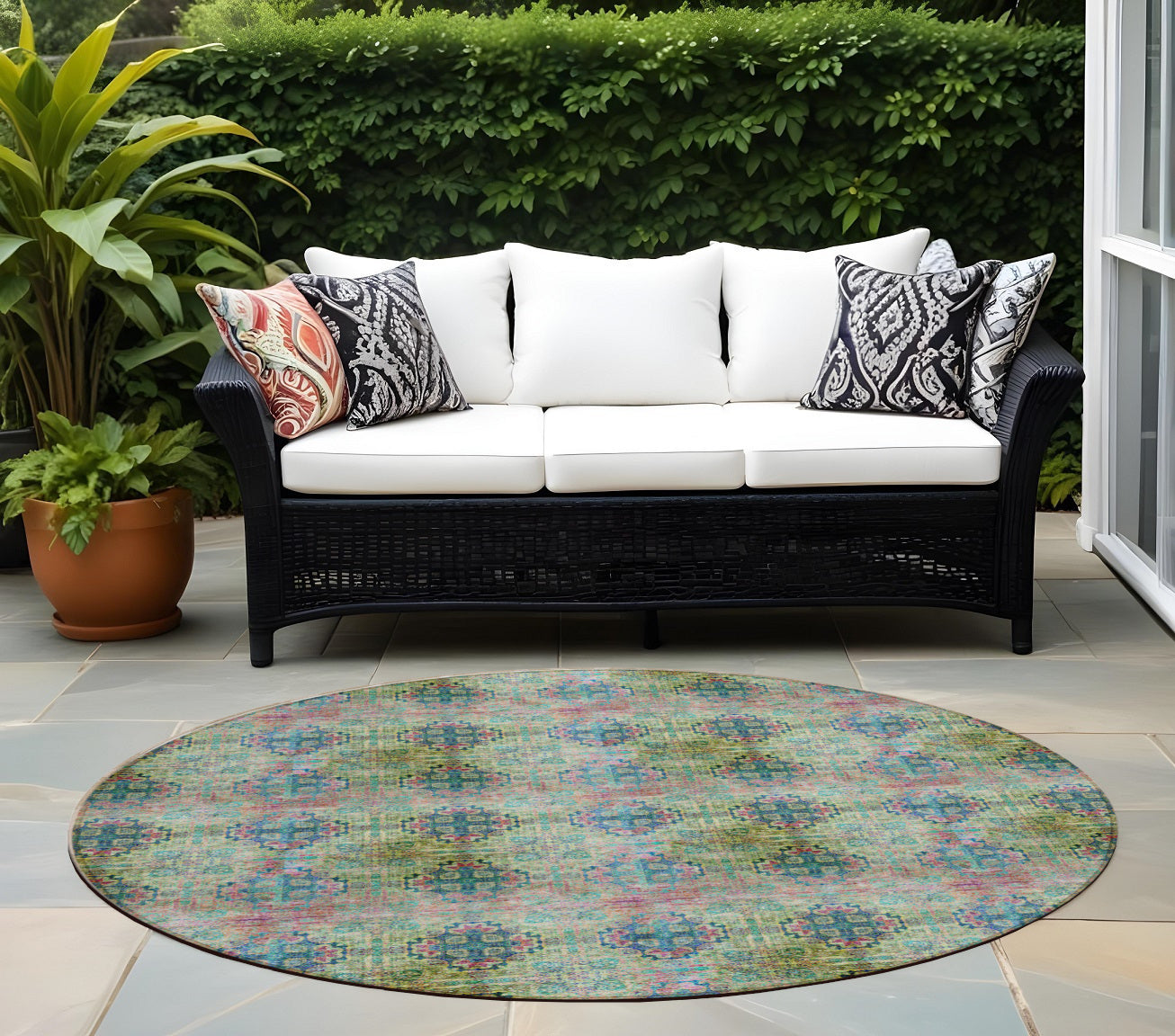 8' X 8' Blue and Green Round Floral Medallion Washable Non Skid Indoor Outdoor Area Rug