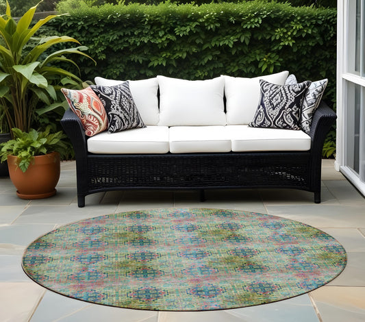 8' X 8' Blue and Green Round Floral Medallion Washable Non Skid Indoor Outdoor Area Rug