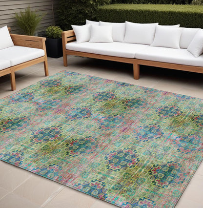 8' X 10' Blue and Green Floral Medallion Washable Non Skid Indoor Outdoor Area Rug