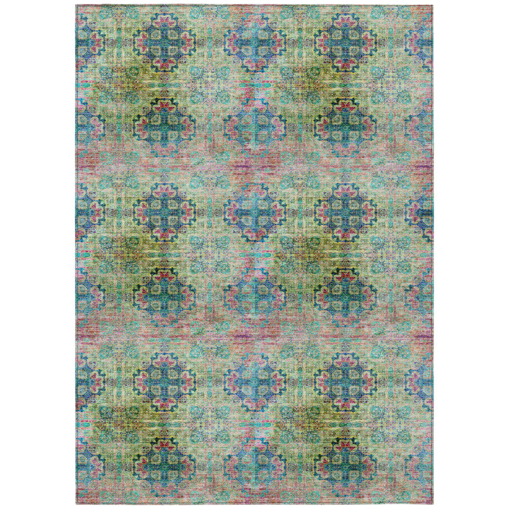 8' X 10' Blue and Green Floral Medallion Washable Non Skid Indoor Outdoor Area Rug