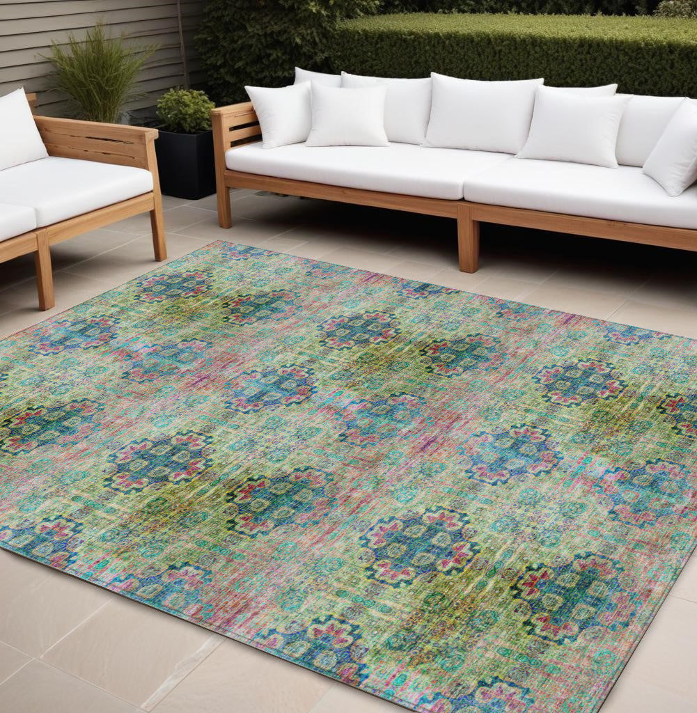 9' X 12' Blue and Green Floral Medallion Washable Non Skid Indoor Outdoor Area Rug