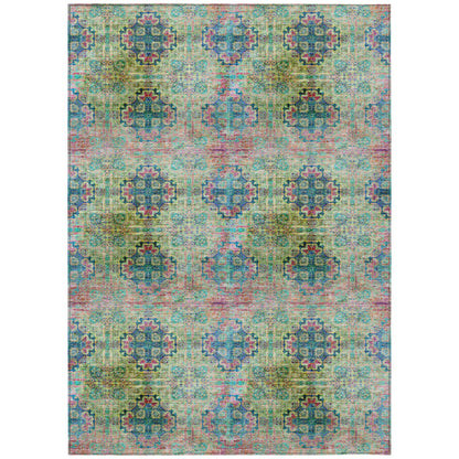 9' X 12' Blue and Green Floral Medallion Washable Non Skid Indoor Outdoor Area Rug