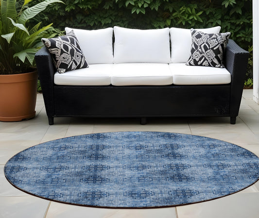 8' X 8' Navy Blue Round Floral Medallion Washable Non Skid Indoor Outdoor Area Rug