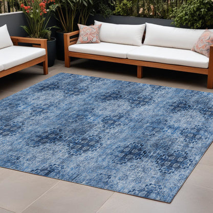 8' X 10' Navy Blue Floral Medallion Washable Non Skid Indoor Outdoor Area Rug