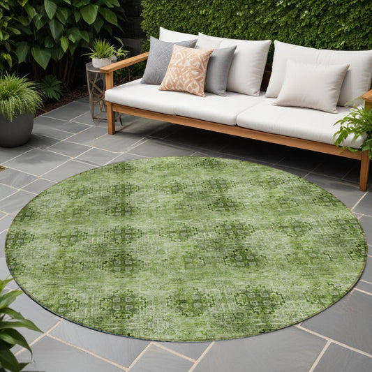 8' X 8' Olive Green Round Floral Medallion Washable Non Skid Indoor Outdoor Area Rug