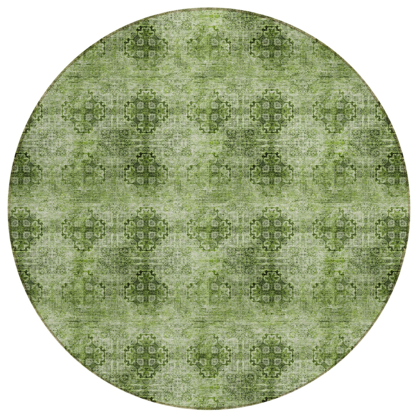 8' X 8' Olive Green Round Floral Medallion Washable Non Skid Indoor Outdoor Area Rug