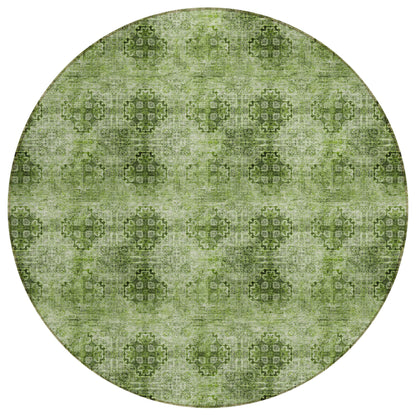 8' X 8' Olive Green Round Floral Medallion Washable Non Skid Indoor Outdoor Area Rug