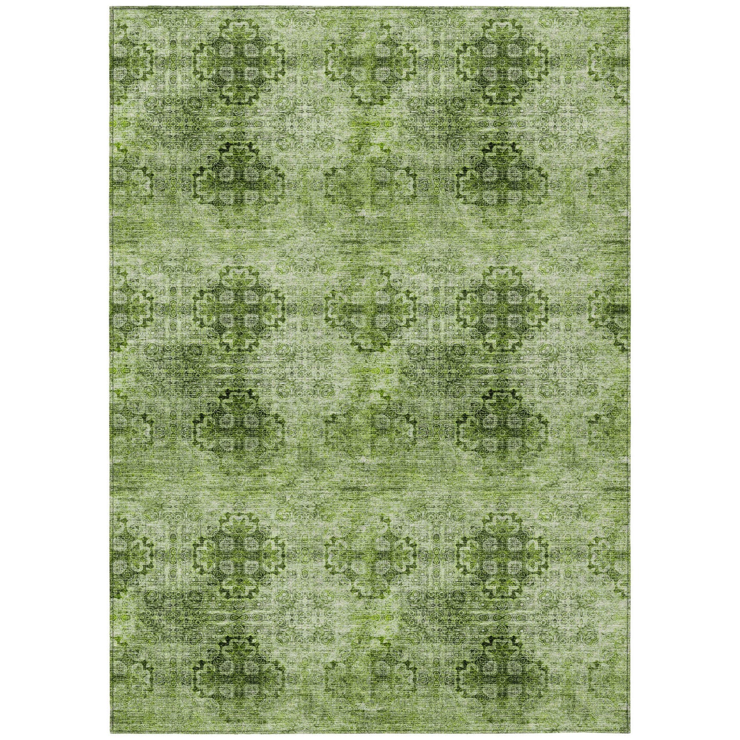 9' X 12' Olive Green Floral Medallion Washable Non Skid Indoor Outdoor Area Rug