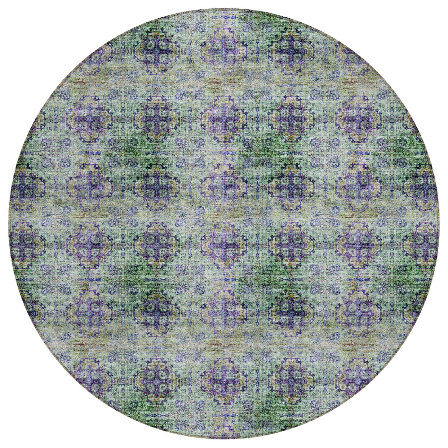 8' X 8' Purple and Green Round Floral Medallion Washable Non Skid Indoor Outdoor Area Rug