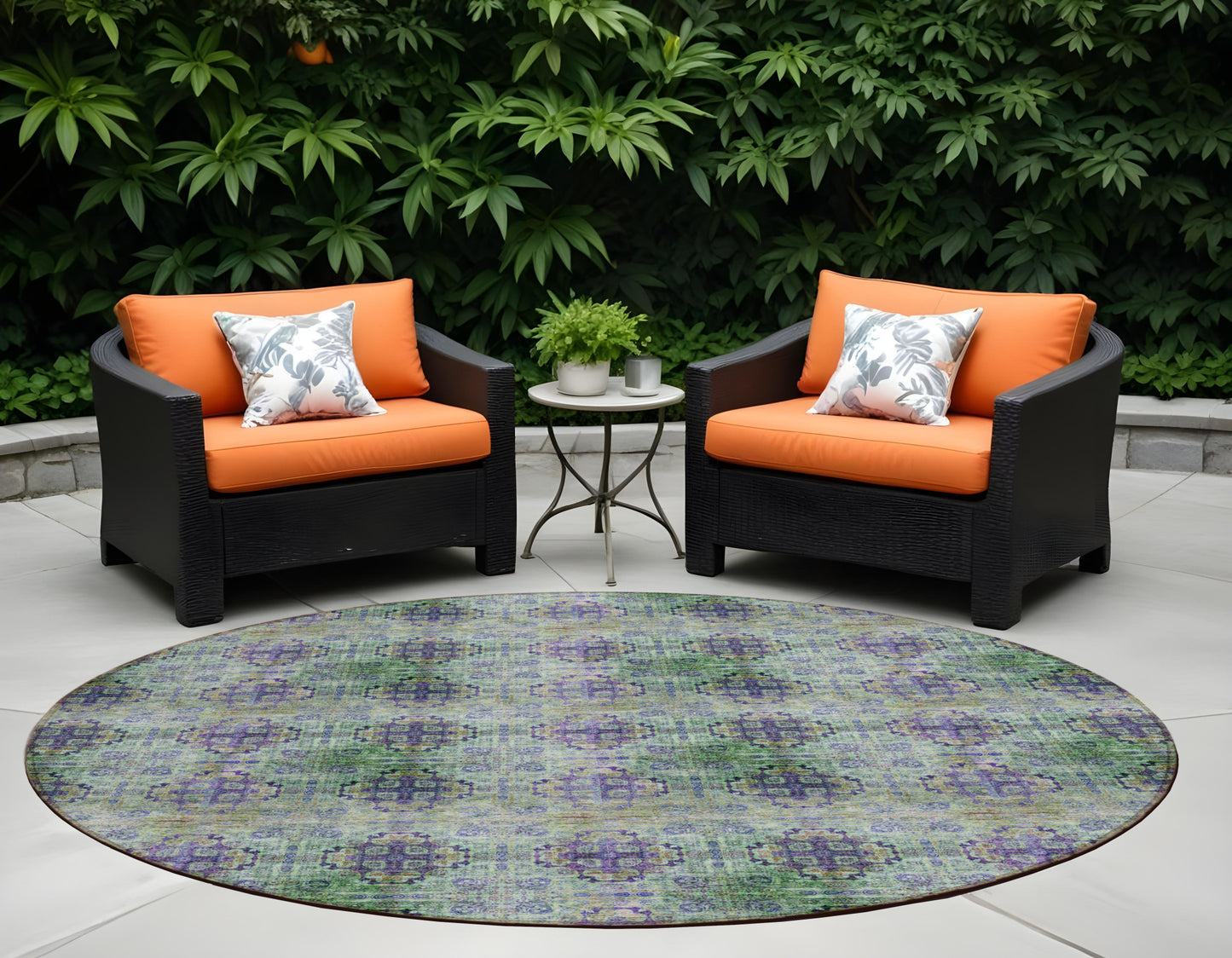 8' X 8' Purple and Green Round Floral Medallion Washable Non Skid Indoor Outdoor Area Rug