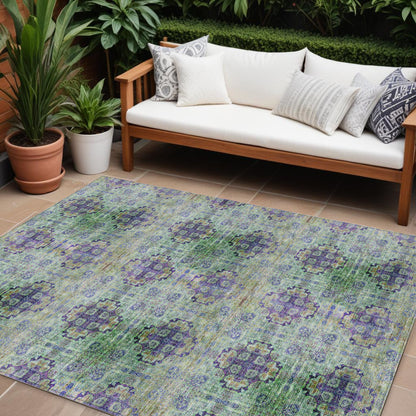 8' X 10' Purple and Green Floral Medallion Washable Non Skid Indoor Outdoor Area Rug