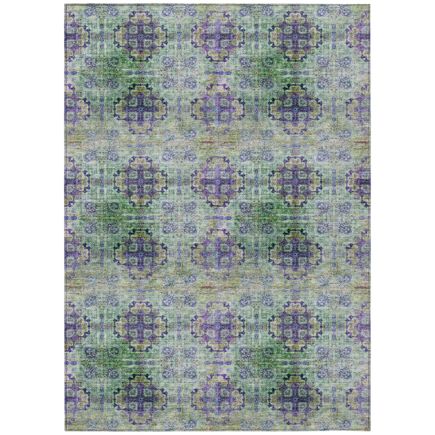 8' X 10' Purple and Green Floral Medallion Washable Non Skid Indoor Outdoor Area Rug