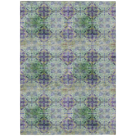 8' X 10' Purple and Green Floral Medallion Washable Non Skid Indoor Outdoor Area Rug