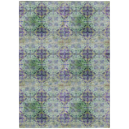 9' X 12' Purple and Green Floral Medallion Washable Non Skid Indoor Outdoor Area Rug