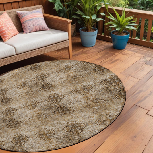 8' X 8' Taupe Round Floral Medallion Washable Non Skid Indoor Outdoor Area Rug