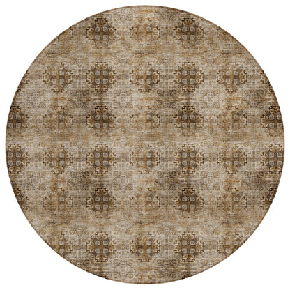 8' X 8' Taupe Round Floral Medallion Washable Non Skid Indoor Outdoor Area Rug