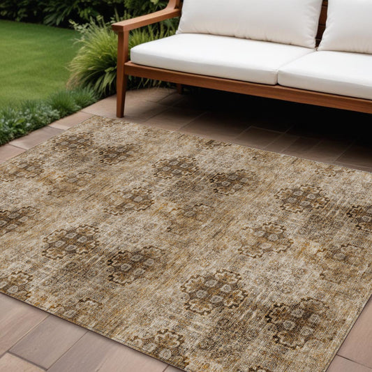 8' X 10' Taupe Floral Medallion Washable Non Skid Indoor Outdoor Area Rug