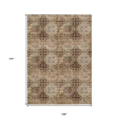 9' X 12' Taupe Floral Medallion Washable Non Skid Indoor Outdoor Area Rug