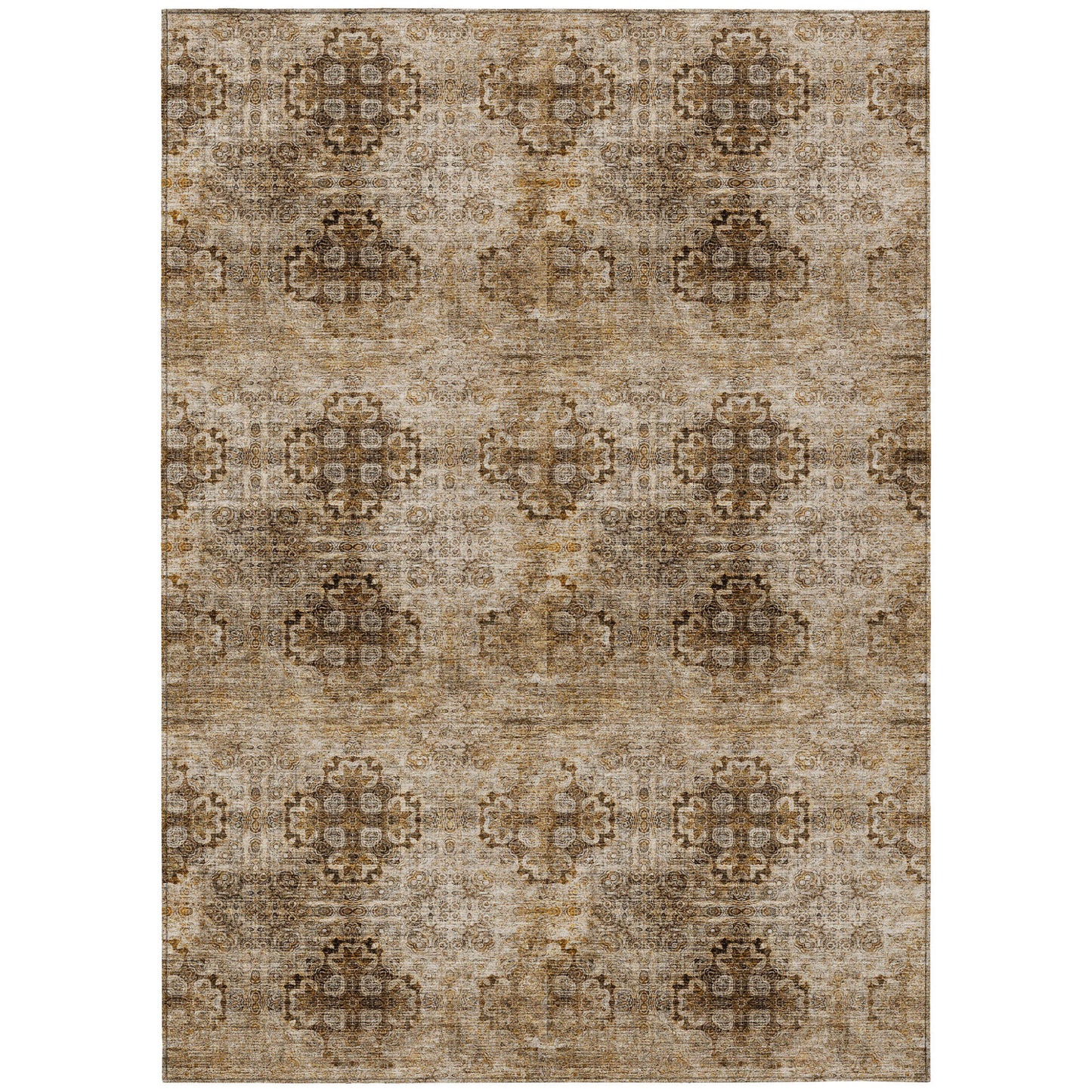 9' X 12' Taupe Floral Medallion Washable Non Skid Indoor Outdoor Area Rug