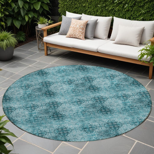 8' X 8' Teal Round Floral Medallion Washable Non Skid Indoor Outdoor Area Rug