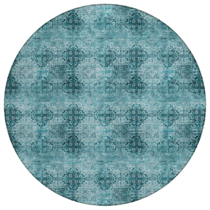 8' X 8' Teal Round Floral Medallion Washable Non Skid Indoor Outdoor Area Rug