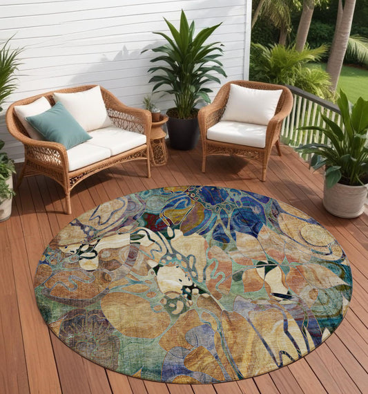 8' X 8' Beige and Blue Round Abstract Washable Indoor Outdoor Area Rug