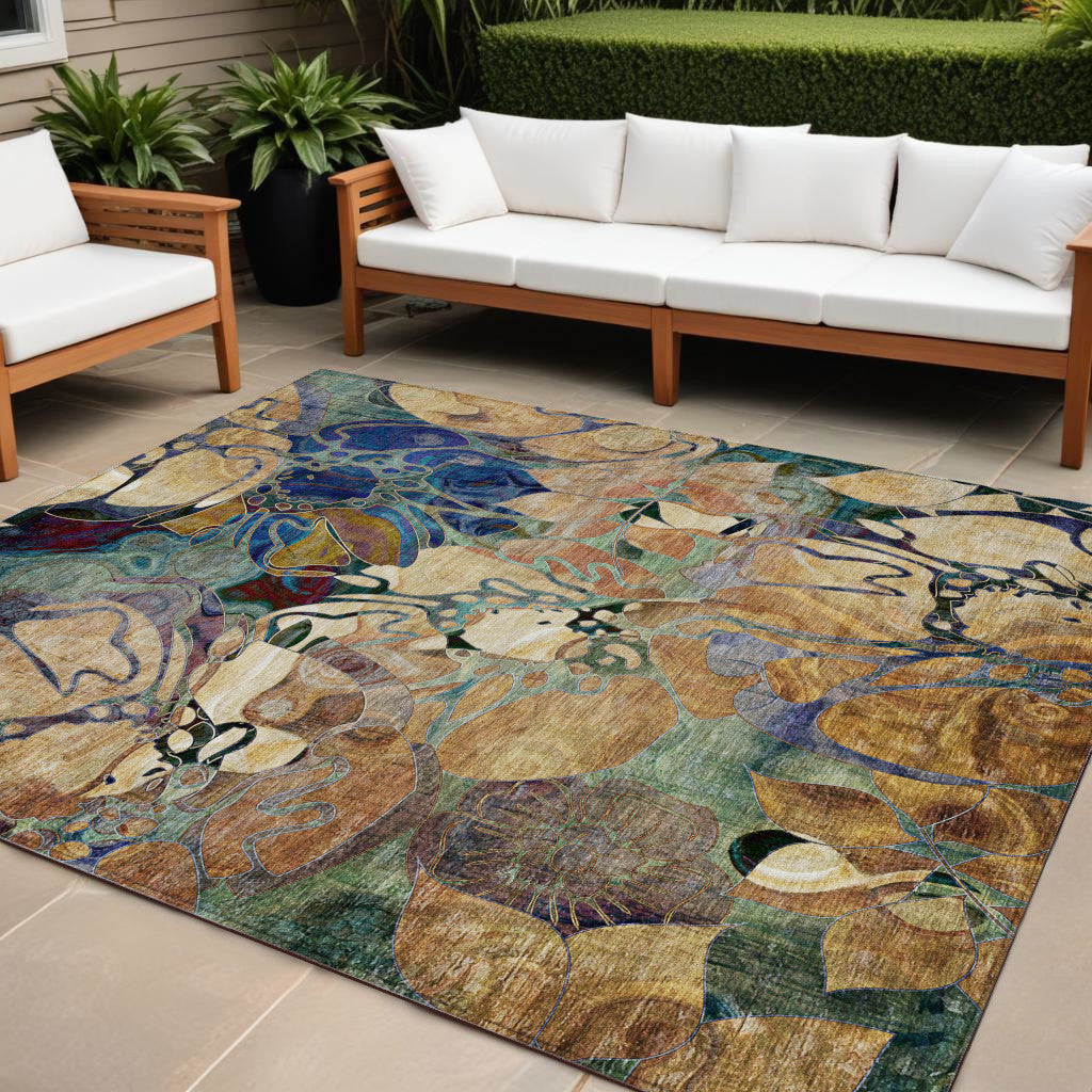 9' X 12' Beige and Blue Abstract Washable Indoor Outdoor Area Rug