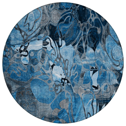 8' X 8' Blue and Gray Round Abstract Washable Indoor Outdoor Area Rug