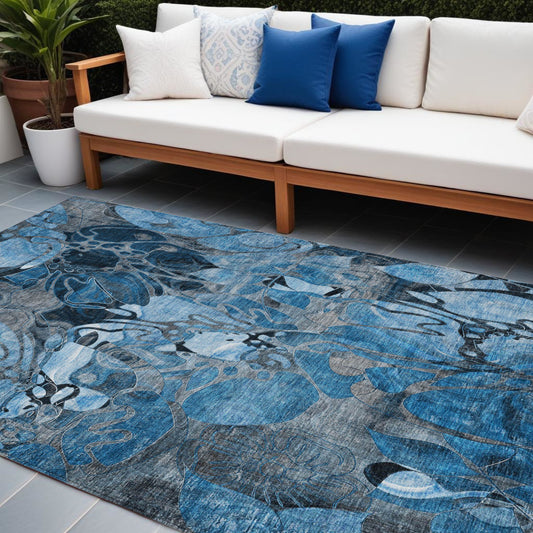 8' X 10' Blue and Gray Abstract Washable Indoor Outdoor Area Rug