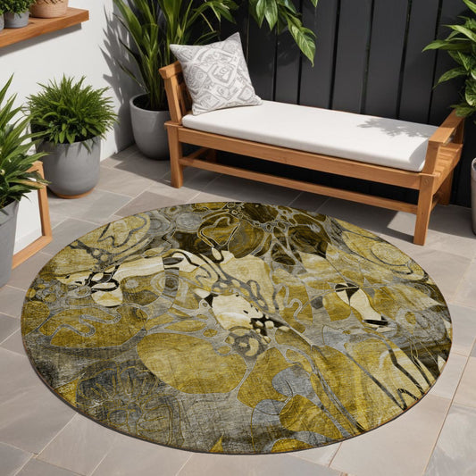 8' X 8' Green and Brown Round Abstract Washable Indoor Outdoor Area Rug