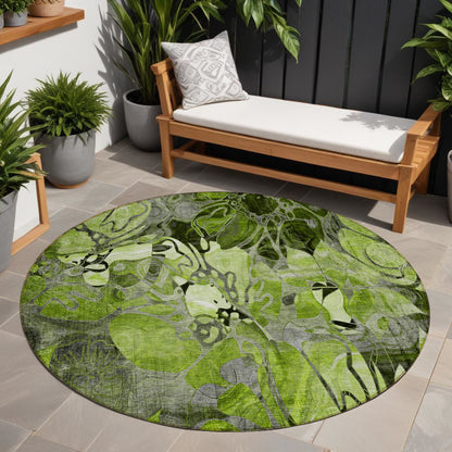 8' X 8' Fern Green and Gray Round Abstract Washable Indoor Outdoor Area Rug