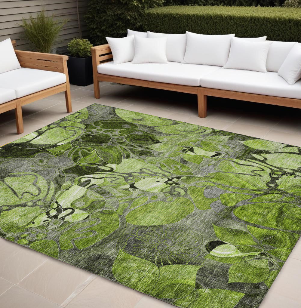 8' X 10' Fern Green and Gray Abstract Washable Indoor Outdoor Area Rug