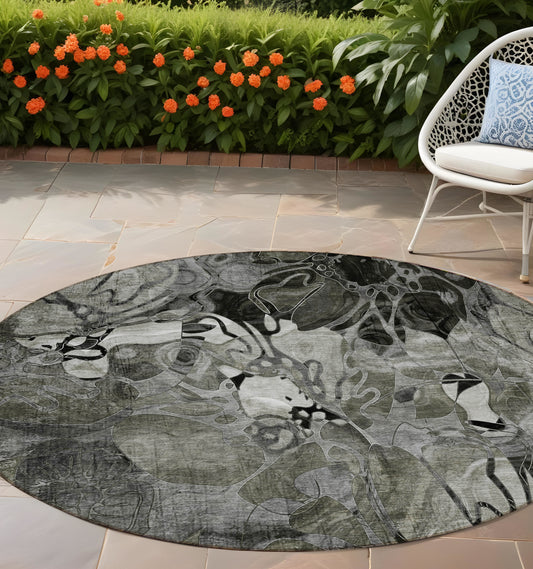 8' X 8' Gray Round Abstract Washable Indoor Outdoor Area Rug