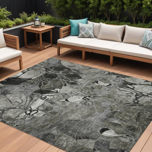 8' X 10' Gray Abstract Washable Indoor Outdoor Area Rug