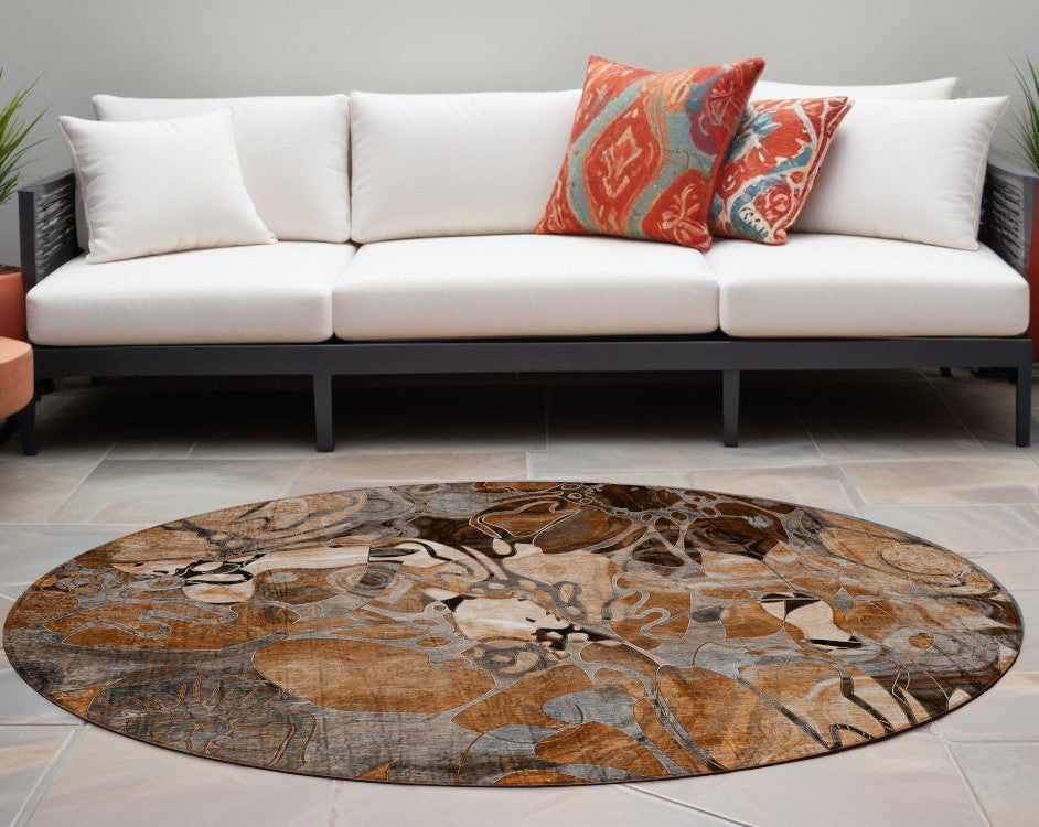 8' X 8' Chocolate Terracotta and Ivory Round Abstract Washable Indoor Outdoor Area Rug