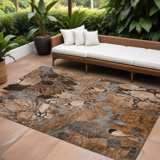 9' X 12' Chocolate Terracotta and Ivory Abstract Washable Indoor Outdoor Area Rug