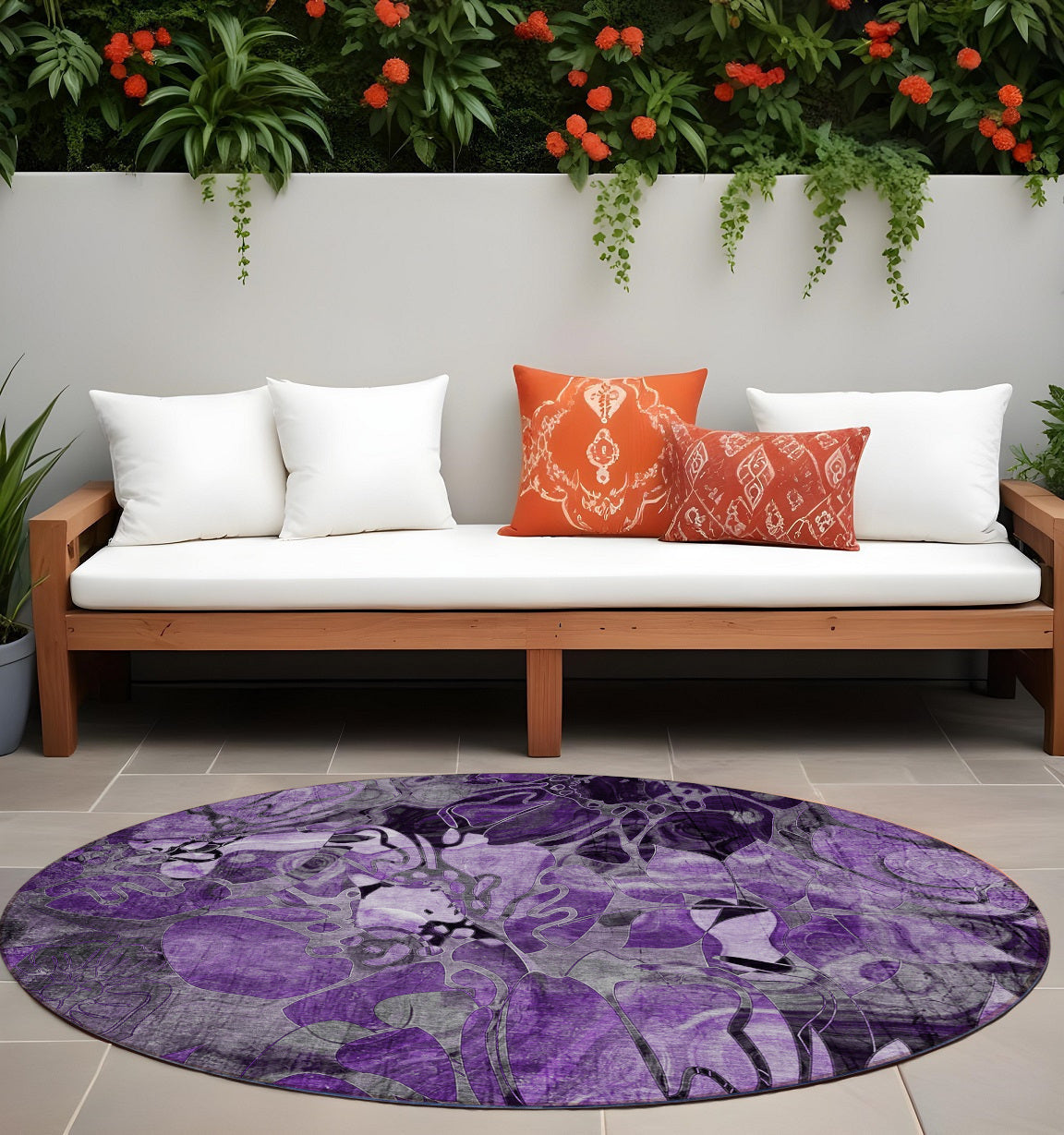 8' X 8' Purple Round Abstract Washable Indoor Outdoor Area Rug