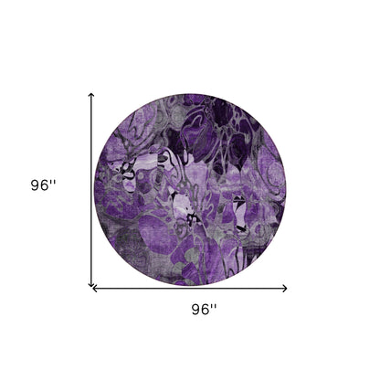 8' X 8' Purple Round Abstract Washable Indoor Outdoor Area Rug