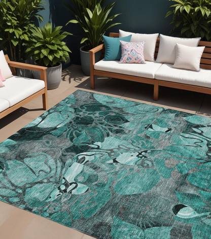 8' X 10' Teal Black and Gray Abstract Washable Indoor Outdoor Area Rug