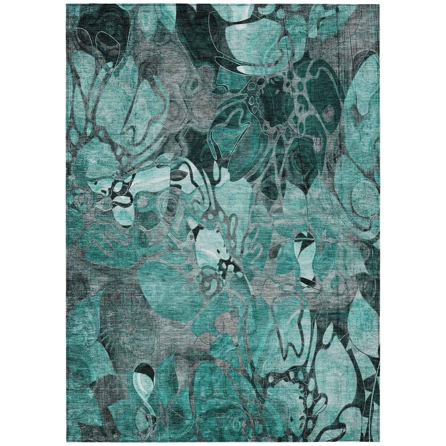 8' X 10' Teal Black and Gray Abstract Washable Indoor Outdoor Area Rug