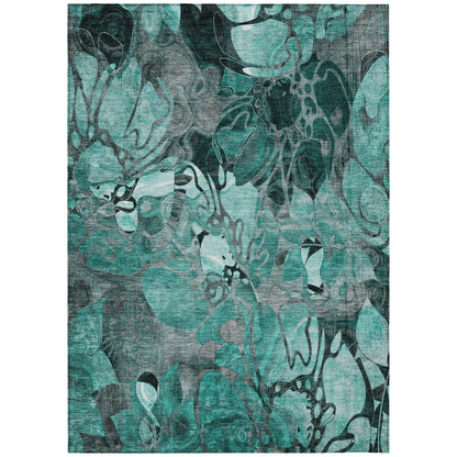 8' X 10' Teal Black and Gray Abstract Washable Indoor Outdoor Area Rug