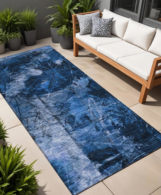 8' Runner Navy Blue Floral Washable Non Skid Indoor Outdoor Runner Rug