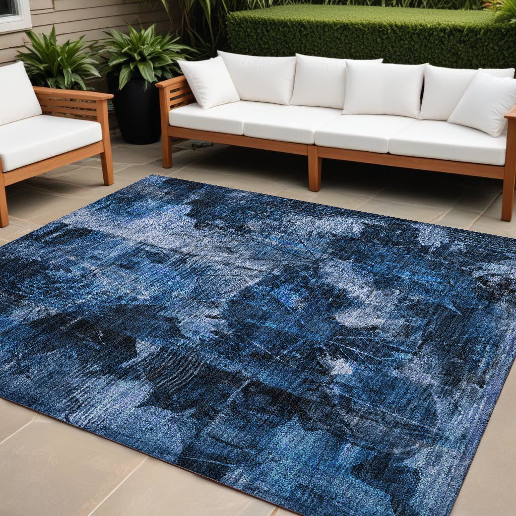 9' X 12' Navy Blue Floral Washable Non Skid Indoor Outdoor Area Rug