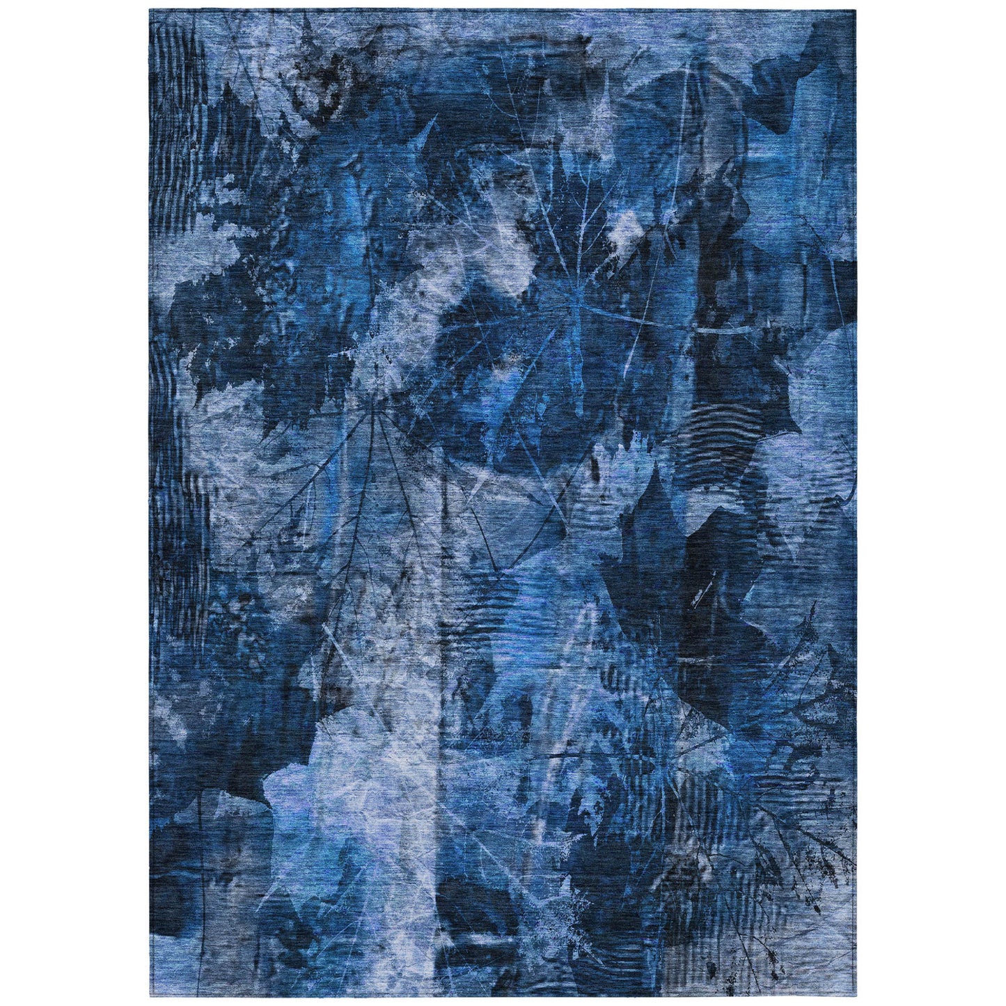 9' X 12' Navy Blue Floral Washable Non Skid Indoor Outdoor Area Rug