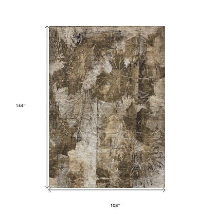 9' X 12' Taupe Floral Washable Non Skid Indoor Outdoor Area Rug