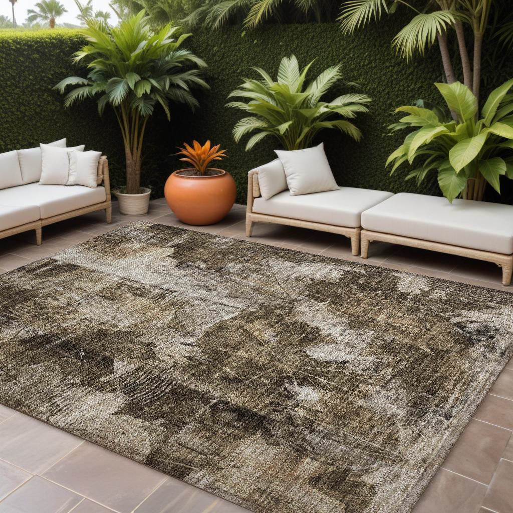 9' X 12' Taupe Floral Washable Non Skid Indoor Outdoor Area Rug